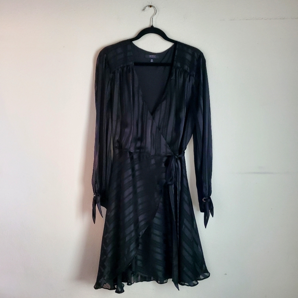 Imnyc wrap dress Womens L Black sheer Ruffle Wedding guest LBD